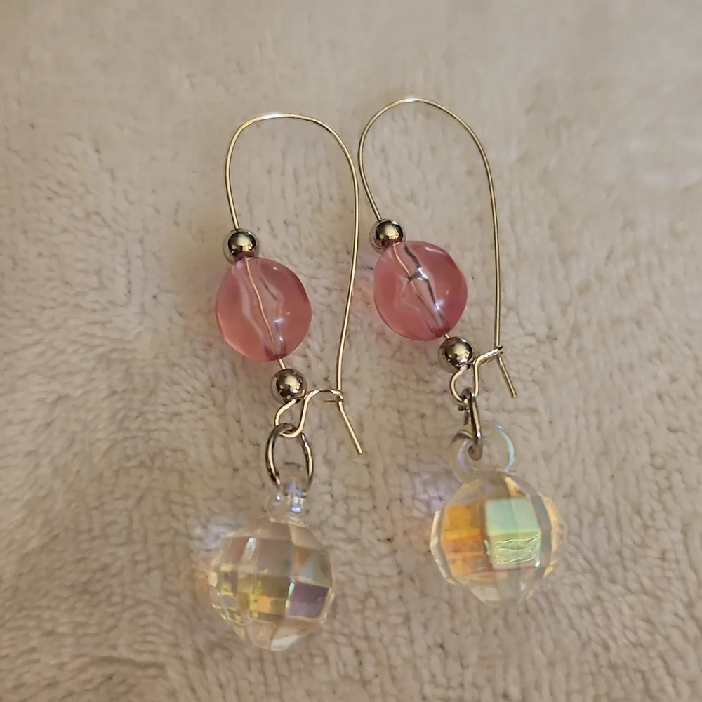 3/$30 HANDCRAFTED Silver and Pink Beaded Disco Ball Hoop Earrings